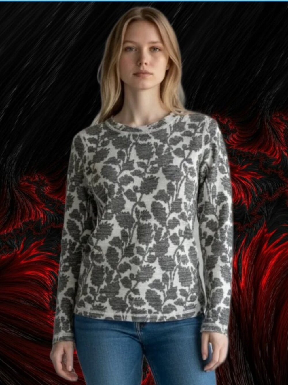 LOFT Womens Floral Jacquard Knit Long Sleeve Top Pullover Wool Blend Size M